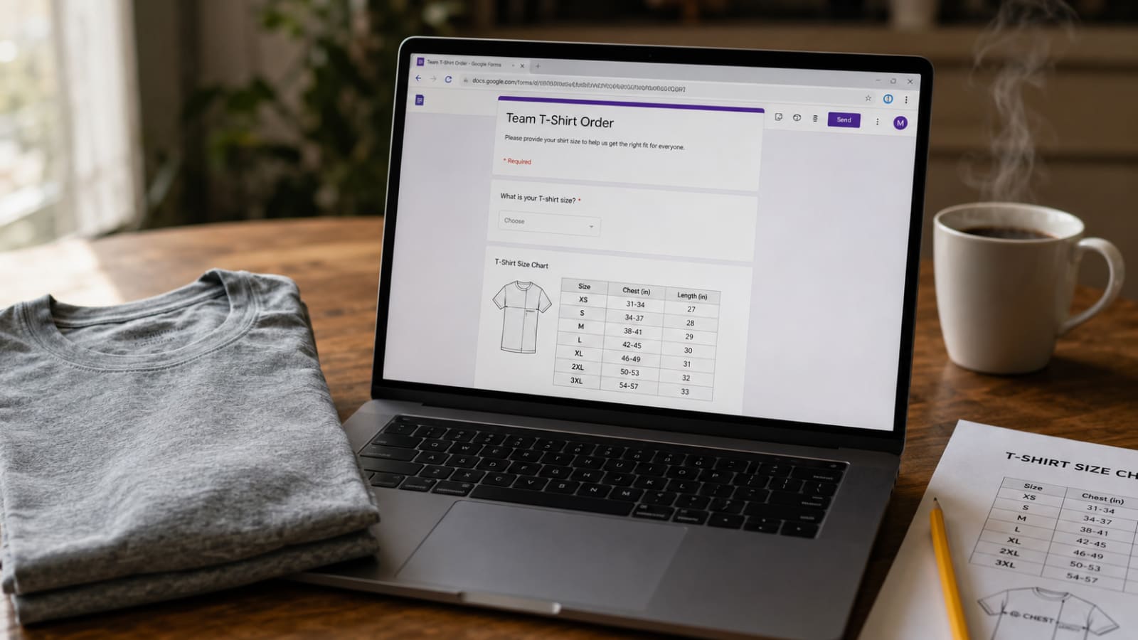 An open laptop displaying a Google Forms t-shirt sizing question and chart, beside a folded heather-gray t-shirt and a steaming ceramic coffee mug.