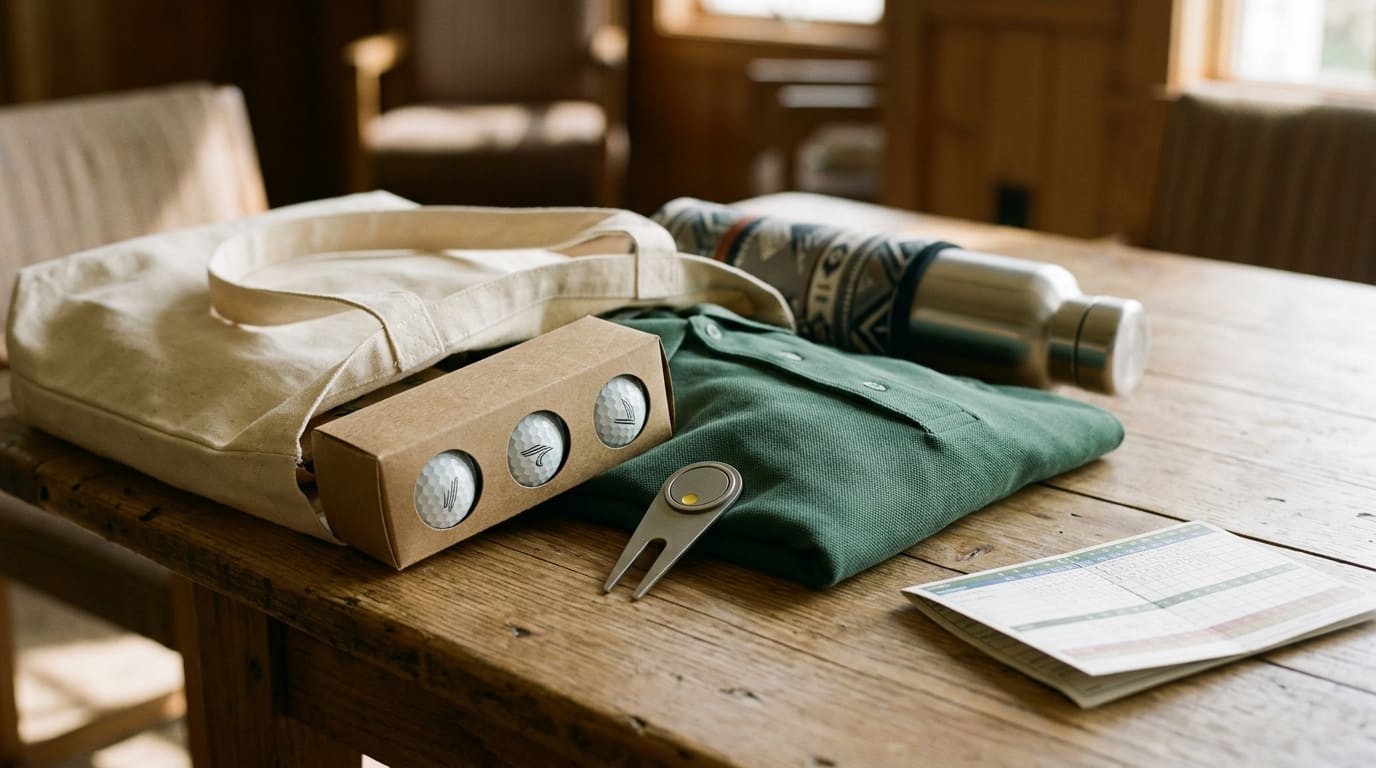 A nonprofit golf tournament tee gift on a clubhouse table: a sleeve of branded balls, a folded performance polo, and a divot tool, with the course visible behind.
