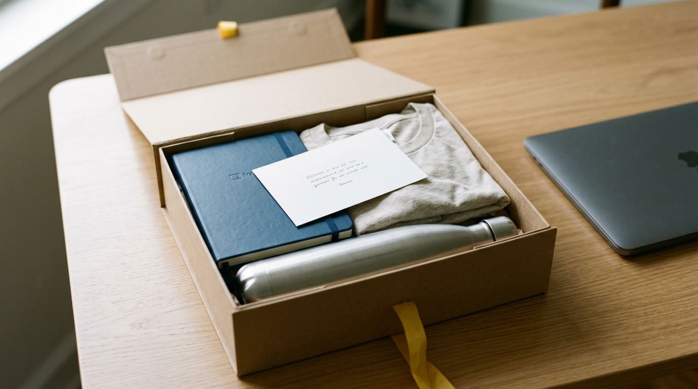 An open new-hire onboarding kit on a desk: a folded company tee, a notebook, a branded mug, a pen, and a handwritten welcome card stacked thoughtfully.