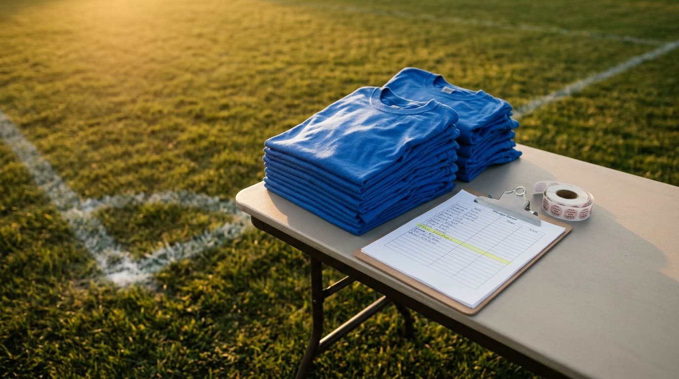 A folded charity walkathon t-shirt on a kitchen counter beside a printed sponsor letter, a roll of stickers, and a clipboard with a planning checklist.