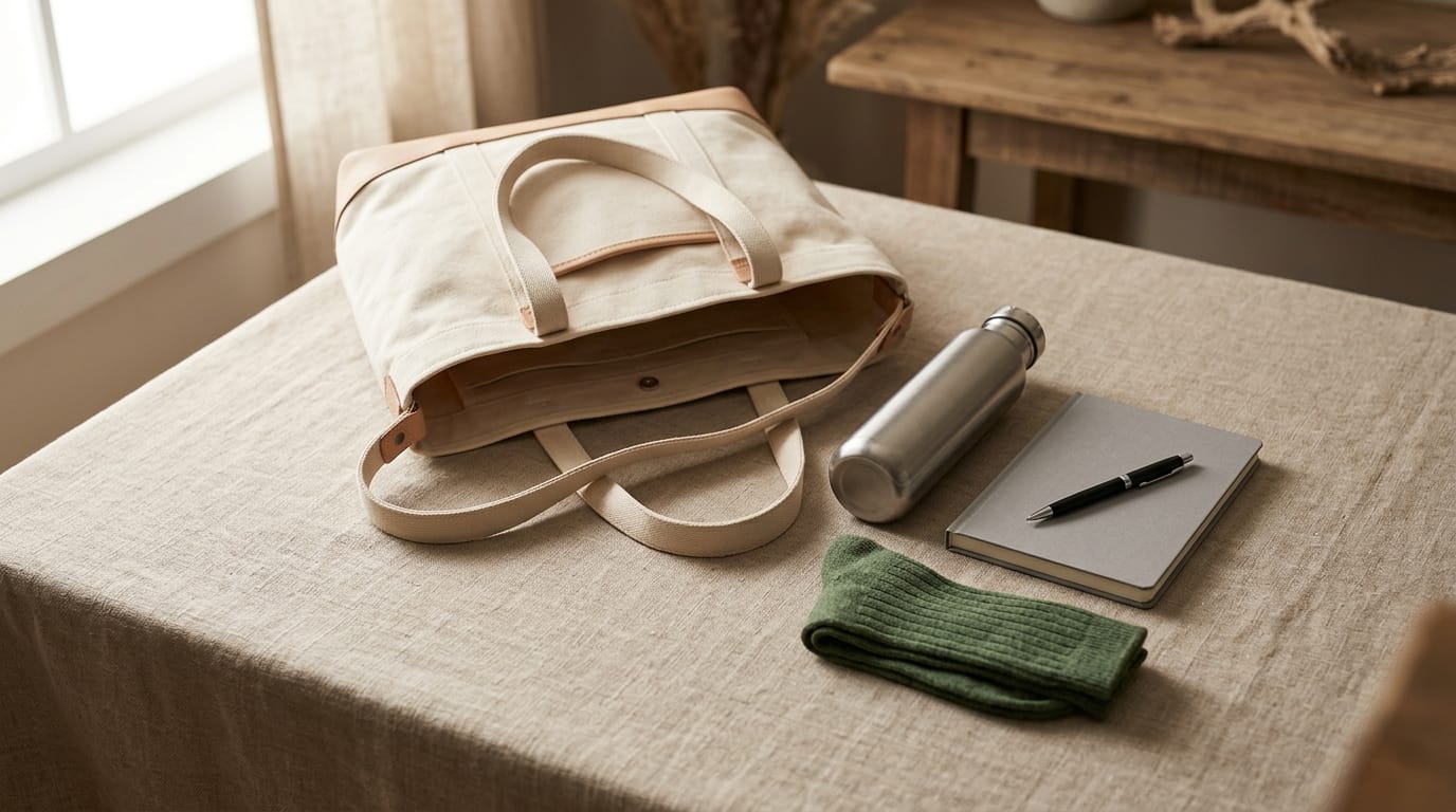 A natural-canvas conference tote bag on a linen-covered table beside a stainless steel water bottle, a hardcover notebook with a pen, and a folded pair of socks, lit by soft window light.