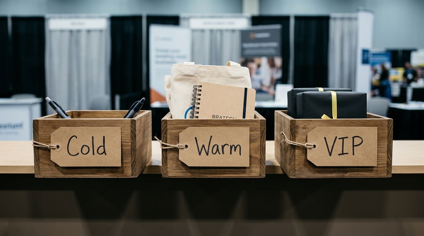 Three small piles of trade-show swag arranged on a matte black tabletop in tiers, from inexpensive pens at front to a premium notebook and tumbler at the back.